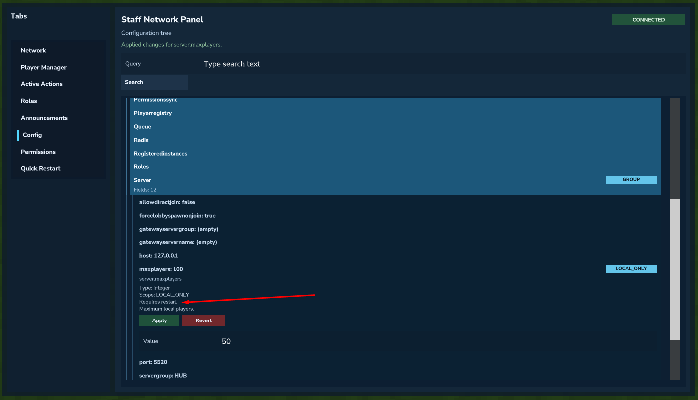 Config restart requirement hint