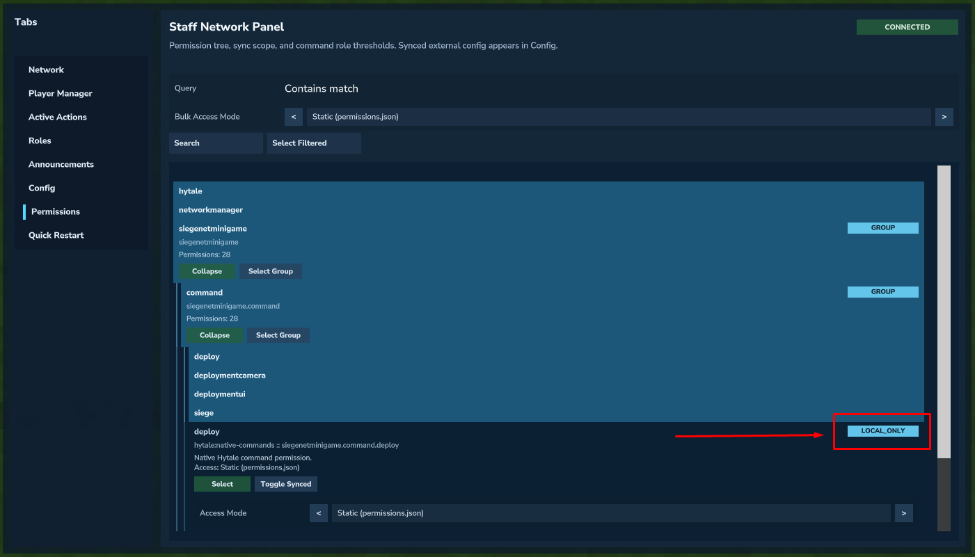 Permission tab view in the siege minigame server