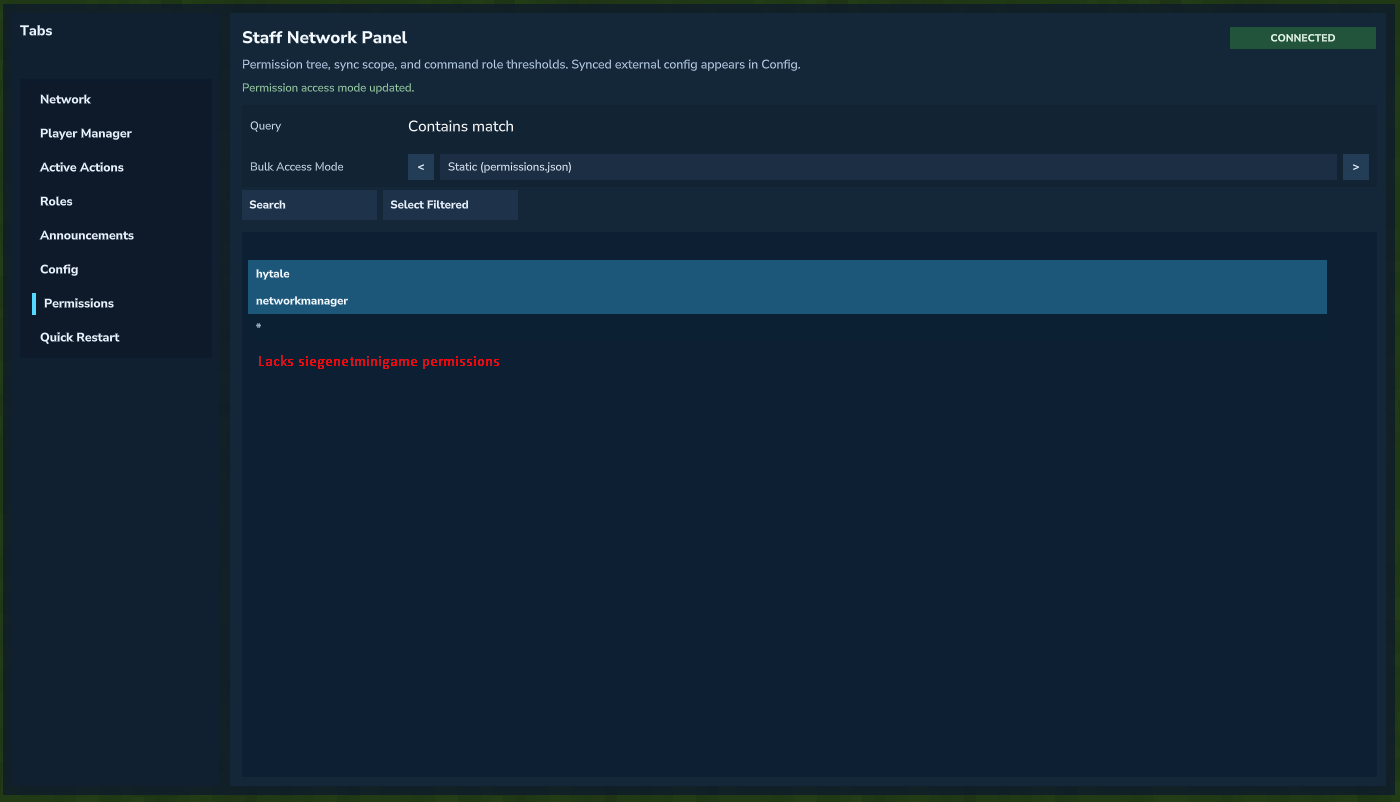 Permissions tab view in the hub server