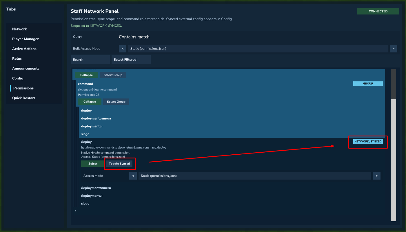 Permission toggled to network synched