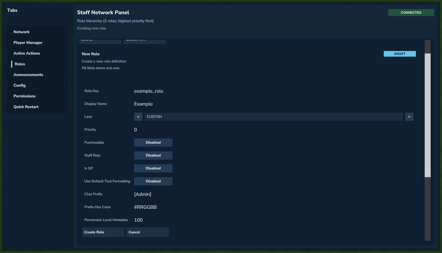 Roles tab - create role